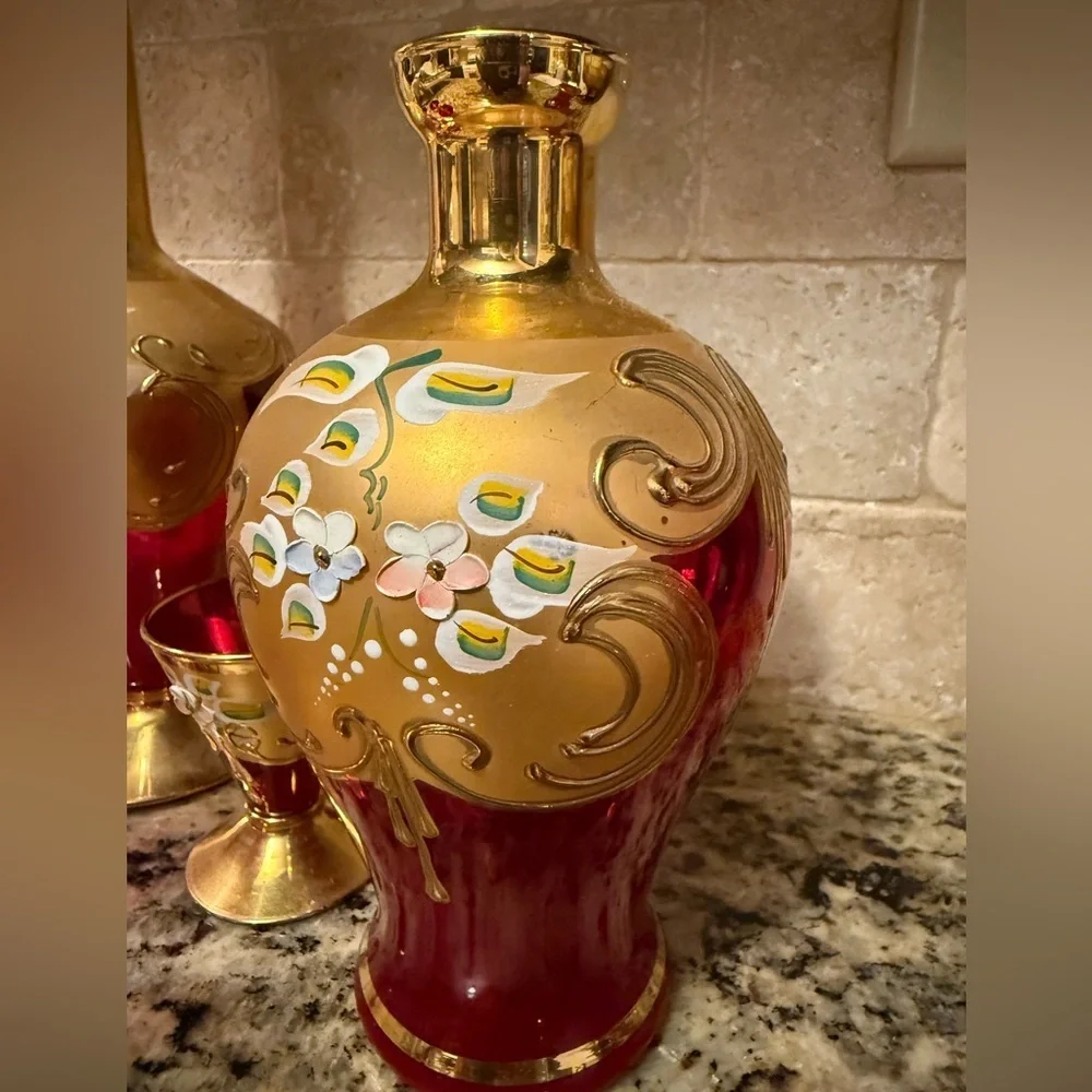 Murano 9 Piece Ruby Red / 24 Karat Signed Set - Tre Fuochi?